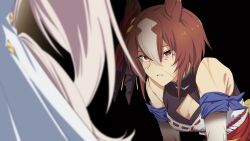  2girls animal_ears bare_shoulders black_background blurry blurry_foreground breasts brown_hair cleavage cleavage_cutout clothing_cutout detached_sleeves empty_eyes hair_ornament highres horse_ears horse_girl horse_tail leaning_forward multicolored_hair multiple_girls oguri_cap_(umamusume) orange_eyes out_of_frame short_hair small_breasts solo_focus streaked_hair tail tail_through_clothes umamusume umamusume:_cinderella_gray yaeno_muteki_(umamusume) yangmal_(uma_red_sheep) 