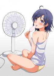  ahoge ass bare_shoulders barefoot blue_hair blush camisole commentary_request electric_fan female food from_behind full_body gradient_background grey_background hair_ornament highres hikigaya_komachi holding holding_food holding_ice_cream ice_cream indian_style konoyan licking looking_at_viewer looking_back panties purple_eyes short_hair shoulder_blades sitting solo spaghetti_strap strap_slip thighs toes tongue tongue_out underwear white_camisole x_hair_ornament yahari_ore_no_seishun_lovecome_wa_machigatteiru. yellow_panties 