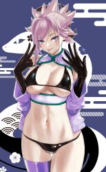  absurdres bare_shoulders bikini black_bikini black_gloves blue_eyes blush breasts cleavage elbow_gloves fate/grand_order fate_(series) female gloves hair_ornament highres jacket kugiseiichi large_breasts long_hair long_sleeves looking_at_viewer miyamoto_musashi_(fate) navel off_shoulder pink_hair ponytail purple_jacket single_thighhigh solo swept_bangs swimsuit thighhighs thighs tongue tongue_out 