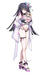  abigail_(black_survival) absurdres armpits bare_legs bare_shoulders bikini black_bikini black_hair black_survival breasts character_doll choker cleavage colored_inner_hair commentary crossed_legs doll dr._nadja eternal_return:_black_survival eyewear_on_head female flower full_body gradient_hair green_eyes hair_flower hair_ornament hand_on_own_hip heart heart-shaped_eyewear highres jacket key large_breasts layered_bikini long_hair long_sleeves looking_at_viewer multicolored_bikini multicolored_hair navel off_shoulder open_clothes open_jacket parted_lips pink_bikini pink_choker purple_hair sandals simple_background skindentation solo standing stomach streaked_hair sunglasses swimsuit thigh_strap thighs tianqing_mw two-tone_bikini two-tone_hair underboob very_long_hair watson_cross white_background white_jacket 