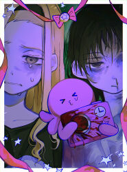  &gt;3&lt; 2girls absurdres alien black_hair black_shirt blonde_hair blood blood_on_weapon brown_eyes bruise bruise_on_face bruised_eye camera choppy_bangs collarbone creature empty_eyes highres injury kirarazaka_marina kuze_shizuka long_hair long_sidelocks multiple_girls nosebleed one_eye_covered pink_ribbon polaroid_photo ribbon sad shirt sidelocks spoilers star_(symbol) takopii takopii_no_genzai tearing_up traumatized upper_body weapon white_shirt yellow_eyes ytskai00 