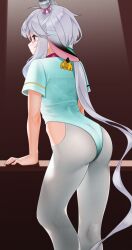  absurdres animal_ears arm_support arms_at_sides ass ass_focus bandaged_horn blue_leotard brown_background closed_mouth cow_ears cow_girl cow_horns cowboy_shot ear_tag expressionless female floppy_ears from_behind grey_hair grey_horns highleg highleg_leotard highres horizontal_bar horn_ornament horn_ribbon horns kim_milk leotard long_hair long_sidelocks looking_ahead low_ponytail pantyhose pink_eyes pink_ribbon ponytail profile ribbon short_sleeves sidelocks solo spotlight standing thighs uyoo_(vrchat) very_long_hair vrchat white_pantyhose 