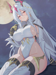  absurdres arm_cutout arm_support black_gloves blush breasts clothing_cutout commentary_request cutout_above_navel dragon_girl dragon_horns earrings epic_seven female from_below full_moon gloves hair_between_eyes hair_intakes hair_ornament hand_up headpiece highleg highleg_leotard highres horns jewelry konjou large_breasts leotard long_hair long_sleeves looking_at_viewer luna_(epic_seven) moon moonlight new_moon_luna night night_sky partial_commentary red_eyes red_horns sideboob sideless_outfit sidelocks sitting sky smile solo star_(sky) thighhighs thighs two-sided_gloves very_long_hair white_hair white_thighhighs 