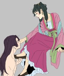 1boy chinese_clothes commentary cone_hair_bun couple dress english_commentary female hair_bun highres invisible_chair jinshi_(kusuriya_no_hitorigoto) kusuriya_no_hitorigoto long_hair looking_at_another louise_artist makeup maomao_(kusuriya_no_hitorigoto) pink_dress sitting straight topless_male 