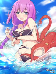  absurdres artist_name bikini black_bikini braid breasts eris_(princess_connect!) eris_(summer)_(princess_connect!) female grey_eyes highres kuroha_koudai large_breasts long_hair low-braided_long_hair low-tied_long_hair navel octopus open_mouth princess_connect! purple_hair single_braid swimsuit teardrop_necklace wading water 