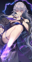  absurdres bare_shoulders bat_wings belt black_background black_bow black_bowtie black_collar black_dress black_sleeves black_wrist_cuffs bow bowtie breasts collar commentary detached_sleeves dress elvira_(epic_seven) epic_seven female glowing gootai hair_between_eyes highres incoming_kick jewelry knee_up large_breasts long_hair necktie purple_hair purple_nails purple_necktie red_eyes shorts sleeveless sleeveless_dress solo spiked_thighlet spikes thighlet thighs thorns wide_sleeves wings wrist_cuffs 