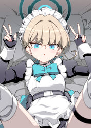  apron bed_sheet belt black_dress black_gloves blonde_hair blue_archive blue_eyes blue_halo double_v dress female fingerless_gloves gloves halo highres hitotose_rin juliet_sleeves legs_up long_sleeves looking_at_viewer lying maid maid_headdress on_back parted_lips puffy_sleeves short_hair solo thigh_strap thighhighs toki_(blue_archive) v white_apron white_thighhighs 