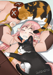  animal baggy_clothes baggy_pants black_cat button_eyes buttons closed_eyes coat drooling fate/grand_order fate_(series) feline female habetrot_(fate) hirai_yukio long_hair lying on_back pants pink_coat pink_hair pink_headwear pointy_ears sleeping zzz 