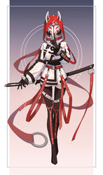  animal_ears belt black_gloves black_hair black_thighhighs border circle ears_through_headwear fake_animal_ears female finger_to_mouth fox_mask gloves gradient_background highres holding holding_weapon hood hood_up mask o-ring original scabbard sheath short_hair shushing sleeves_past_wrists solo standing thighhighs tsuki-shigure unsheathing weapon 