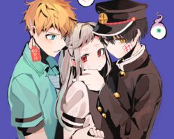  2boys bad_id bad_pixiv_id black_hair blonde_hair blue_background blue_eyes blush collared_shirt commentary_request female gakuran hanako_(jibaku_shounen_hanako-kun) hand_grab hand_on_another&#039;s_face hitodama jibaku_shounen_hanako-kun joman long_hair long_sleeves magatama_hair_ornament minamoto_kou multicolored_hair multiple_boys necktie ofuda puffy_sleeves red_eyes sailor_collar school_uniform shirt short_sleeves yashiro_nene yellow_eyes 