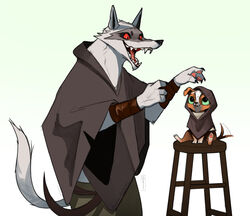  anthro arm_strap arm_wrapping arm_wraps armband armwear bar_stool big_eyes black_claws black_nose black_pupils black_sclera blue_eyes blue_sclera bottomwear brown_body brown_fur canid canine canis chair chihuahua claws cloak clothed clothing death_(personification) death_(puss_in_boots) death_god deity domestic_dog duo excited eye_contact facial_markings fangs feral fingernails floppy_ears footwear friend friendly friends fur furniture god_of_death grey_body grey_fur grim_reaper happy head_markings long_tail looking_at_another looking_at_partner looking_down looking_up male mammal markings mask_(marking) mostly_clothed multicolored_body multicolored_fur nails ookuru pants pawpads perrito_(puss_in_boots) pink_pawpads pink_paws poncho prick_ears psychopomp pupils puss_in_boots_(film) puss_in_boots_the_last_wish red_eyes sharp_claws sharp_fangs sharp_fingernails sharp_nails sharp_teeth signature simple_background sitting size_difference smile socks standing stool sweater tail tail_motion tailwag teeth tongue topwear toy_dog white_background white_body white_fur white_pupils wolf wrapped_arms wraps 