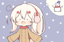  +++ ._. :d animal_earmuffs ayanami_(azur_lane) azur_lane bad_id bad_pixiv_id blue_background blush brown_coat chibi coat commentary_request earmuffs female fringe_trim hair_between_eyes hair_ornament hairclip long_hair long_sleeves open_mouth ponytail rabbit_earmuffs red_scarf sakurato_ototo_shizuku scarf sleeves_past_wrists smile snowing snowman solo spoken_object upper_body very_long_hair white_hair wide_sleeves 