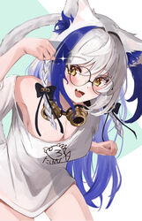  :d absurdres animal_ear_fluff animal_ears aomiya_yozuri blue_hair blush braid breasts cleavage commentary_request female glasses goggles goggles_around_neck gradient_hair hand_up highres large_breasts leaning_forward long_hair looking_at_viewer multicolored_hair oerba_yun_fang off_shoulder open_mouth paw_pose round_eyewear shirt siyara_amau skin_fang smile solo standing streaked_hair tail tongue vee_(vtuber) virtual_youtuber white_hair white_shirt yellow_eyes 