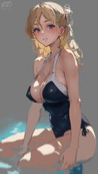  black_one-piece_swimsuit blonde_hair braid breasts brown_eyes casual_one-piece_swimsuit commentary_request female french_braid grey_background haruto_(harut_n) kantai_collection large_breasts long_hair one-piece_swimsuit parted_lips simple_background sitting solo swimsuit unfinished wavy_hair zara_(kancolle) 