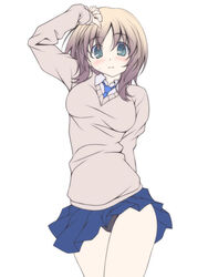  arm_behind_back arm_up black_panties blue_necktie blue_skirt blush breasts brown_hair closed_mouth clothes_lift cowboy_shot dress_shirt female frown green_eyes grey_sweater kikuchi_tsutomu long_sleeves looking_at_viewer medium_breasts medium_hair miniskirt necktie original panties pantyshot photoshop_(medium) pleated_skirt school_uniform shirt simple_background skirt skirt_lift solo standing sweatdrop sweater underwear v-neck white_background white_shirt wind wind_lift wing_collar 