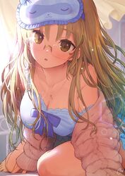  babydoll blonde_hair bloom blue_babydoll blush breasts cleavage collarbone curtains female frilled_babydoll glasses jewelry kneeling lace-trimmed_babydoll lace_trim large_breasts leaning_forward lens_flare light_particles long_hair looking_at_viewer mask mask_on_head necklace nijisanji off_shoulder on_bed paid_reward_available parted_lips piro_(orip) rimless_eyewear sidelocks sister_claire sister_claire_(7th_costume) sleep_mask solo strap_slip virtual_youtuber wind yellow_eyes 