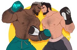  2boys abs aqua_shorts arm_hair armpit_hair armpit_peek bara barbell_piercing beard bejamin_holt_(shockjaws) black_shorts blue_eyes boxing boxing_gloves chest_hair commission danny_(felixnosi) eye_contact eyebrow_cut facial_hair forehead-to-forehead from_side grey_hair hairy heads_together highres large_pectorals looking_at_another male_focus mature_male multicolored_hair multiple_boys muscular muscular_male navel navel_hair nipple_bar nipple_piercing nipples original pectorals piercing short_hair shorts sideburns smirk stomach thick_eyebrows tim_(shockjaws) topless_male two-tone_hair 