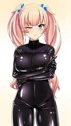  black_bodysuit blonde_hair blue_eyes blush bodysuit breasts closed_mouth crossed_arms earrings female heart heart_earrings highres ibusuki impossible_clothes jewelry large_breasts latex latex_bodysuit long_hair looking_at_viewer one_eye_closed original pout pouty_lips shiny_clothes skin_tight solo twintails wavy_hair zipper zipper_pull_tab 