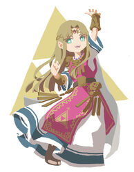  :d aqua_eyes arm_up bead_necklace beads blonde_hair bracer bright_pupils brown_footwear circlet commentary_request dress female full_body gem hair_intakes hand_up highres jewelry long_dress long_hair necklace nishikuromori no_lineart no_nose open_mouth pointy_ears princess princess_zelda short_sleeves smile solo straight_hair teeth the_legend_of_zelda the_legend_of_zelda:_a_link_between_worlds triforce white_dress white_pupils 