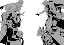  6+boys alban_knox alban_knox_(1st_costume) animal_ears collar_chain_(jewelry) faceoff fake_animal_ears fulgur_ovid fulgur_ovid_(1st_costume) greyscale highres ike_eveland ike_eveland_(1st_costume) looking_at_another luca_kaneshiro luca_kaneshiro_(1st_costume) luxiem luxiemsimping male_focus monochrome multiple_boys mysta_rias mysta_rias_(1st_costume) nijisanji nijisanji_en noctyx shu_yamino shu_yamino_(1st_costume) sonny_brisko sonny_brisko_(1st_costume) uki_violeta uki_violeta_(1st_costume) virtual_youtuber vox_akuma vox_akuma_(1st_costume) white_background yugo_asuma 