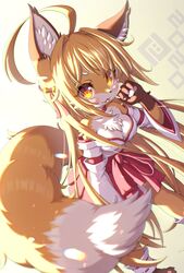  2020 ahoge animal_ears barefoot blonde_hair blush body_fur breasts chromatic_aberration claws female fox_ears fox_girl fox_tail furry furry_female highres japanese_clothes long_hair looking_at_viewer miko new_year original pawpads solo tail tongue tongue_out tsuji two-tone_fur watermark white_fur wide_sleeves yellow_eyes yellow_fur 