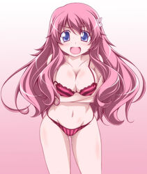  baka_to_test_to_shoukanjuu blue_eyes blush bra breast_hold breasts cleavage cowboy_shot crossed_arms female frown gradient_background hair_ornament himeji_mizuki kikuchi_tsutomu lace lace-trimmed_bra lace-trimmed_panties lace_trim large_breasts long_hair looking_at_viewer navel open_mouth panties photoshop_(medium) pink_background pink_bra pink_hair pink_panties rabbit_hair_ornament skindentation solo standing strap_slip string_panties striped_bra striped_clothes striped_panties sweat underwear underwear_only vertical-striped_clothes vertical-striped_panties 