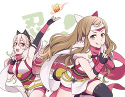  2girls alternate_costume arm_up armpits blonde_hair brown_hair closed_mouth corrin_(female)_(fire_emblem) corrin_(fire_emblem) cosplay cowboy_shot elbow_gloves eyelashes fingerless_gloves fire_emblem fire_emblem_fates fire_emblem_heroes fur_trim gloves green_outline hair_between_eyes hairband hana_(fire_emblem) hana_(fire_emblem)_(cosplay) hana_(ninja)_(fire_emblem) hiyori_(rindou66) japanese_clothes kimono long_hair looking_at_viewer multiple_girls ninja obi official_alternate_costume open_mouth outline pointing pointing_up red_eyes sash scarf short_kimono sidelocks simple_background standing standing_on_one_leg teeth thighhighs thighs tongue tongue_out translation_request upper_teeth_only white_background 