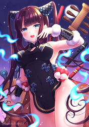  :d bare_shoulders black_dress blue_eyes blue_fire blunt_bangs blush breasts china_dress chinese_clothes detached_sleeves dress fate/grand_order fate_(series) female fire flute hair_ornament highres instrument large_breasts long_hair looking_at_viewer open_mouth pika_mouse pipa_(instrument) purple_hair side_slit sidelocks smile solo thighs twintails very_long_hair yang_guifei_(fate) yang_guifei_(second_ascension)_(fate) 