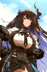  asymmetrical_horns bare_shoulders black_hair blue_brooch blue_hair breasts clothes_lift clothing_cutout colored_inner_hair demon_horns dress female fur_trim hair_ornament haraya_manawari highres hololive hololive_english horns large_breasts long_hair looking_at_viewer metal_wings mole mole_under_eye multicolored_hair necklace_between_breasts nerissa_ravencroft nerissa_ravencroft_(1st_costume) no_panties out-of-frame_censoring red_eyes shoulder_cutout single_arm_guard smile solo two-tone_hair uneven_horns virtual_youtuber 