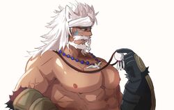  1boy abs animal_ears bara beard blue_eyes braid cat_ears dark-skinned_male dark_skin facial_hair facial_mark final_fantasy final_fantasy_xiv headband highres hyur jewelry kemonomimi_mode korean_commentary large_pectorals long_hair lyon_rem_helsos male_focus mature_male moustache muscular muscular_male necklace nipples old old_man pectorals ry_mangdung scar scar_on_face scar_on_nose side_braid single_braid solo tooth_necklace topless_male tribal white_hair 