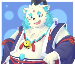  2023 agyo_(tas) anthro asian_mythology bari_mu belly big_belly clothed clothing cute_fangs east_asian_mythology foo_dog hat headgear headwear hi_res japanese_mythology kemono komainu lifewonders male mammal mythology overweight overweight_male solo tokyo_afterschool_summoners white_body yokai young 