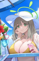  absurdres bare_shoulders beach_umbrella bikini blonde_hair blue_archive blue_sky breast_rest breasts breasts_on_table cellphone cleavage closed_mouth cloud commentary_request cup day drinking_glass drinking_straw female green_eyes green_halo halo halterneck hand_on_own_cheek hand_on_own_face hat head_rest highres holding holding_phone jacket large_breasts long_hair looking_at_viewer nonomi_(blue_archive) nonomi_(swimsuit)_(blue_archive) official_alternate_costume open_clothes open_jacket outdoors phone see-through see-through_jacket sky smartphone smile soar_sora222 solo sun_hat swimsuit umbrella upper_body white_hat white_jacket wine_glass yellow_bikini 