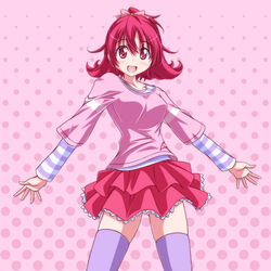  aida_mana dokidoki!_precure female frilled_skirt frills hair_ribbon half_updo kikuchi_tsutomu layered_skirt layered_sleeves long_sleeves looking_at_viewer medium_hair miniskirt open_mouth painttool_sai_(medium) pink_background pink_eyes pink_hair pink_ribbon pink_shirt pink_skirt polka_dot polka_dot_background precure purple_shirt purple_thighhighs ribbon shirt short_over_long_sleeves short_sleeves simple_background skirt smile solo standing striped_clothes striped_shirt t-shirt thighhighs 