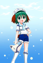  :d air_bubble alternate_costume anchor_symbol animal_ears arm_at_side blue_background blue_sailor_collar blue_scarf blue_shorts blue_sky breasts bubble cloud commentary_request contrapposto feet_out_of_frame female gradient_background green_eyes green_hair hair_between_eyes hand_on_own_hip hat highres holding holding_megaphone kasodani_kyouko kneehighs looking_at_viewer megaphone open_mouth outline partial_commentary rakugaki-biyori sailor_collar sailor_hat scarf shirt short_hair short_sleeves shorts sky small_breasts smile socks solo tail touhou white_hat white_shirt white_socks 