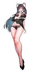  absurdres animal_ear_fluff animal_ears black_bra black_choker black_footwear black_panties bra breasts brown_hair chinese_commentary choker colored_inner_hair commentary_request female full_body fur_trim hand_up high_heels highres lace lace_bra lace_panties legs long_hair looking_at_viewer looking_down medium_breasts mouse_ears multicolored_hair open_mouth original panties red_eyes simple_background solo teeth underwear upper_teeth_only white_background xiaoluo_xl 