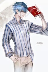  1boy 2022 aged_up bad_id bad_twitter_id blue_eyes blue_hair book character_name dated eyewear_strap fate/grand_order fate_(series) floral_background glasses hans_christian_andersen_(adult)_(fate) hans_christian_andersen_(fate) heart heart_print holding holding_book kou_(184756o) leaf long_sleeves male_focus shirt smile striped_clothes striped_shirt vertical-striped_clothes vertical-striped_shirt 