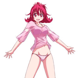  aida_mana bra_strap bralines dokidoki!_precure female groin hair_ribbon half_updo kikuchi_tsutomu looking_at_viewer medium_hair navel no_pants open_mouth painttool_sai_(medium) panties pink_eyes pink_hair pink_panties pink_ribbon pink_shirt precure ribbon see-through shirt short_sleeves simple_background smile solo standing string_panties t-shirt underwear white_background 