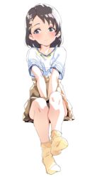  black_hair blush brown_skirt closed_mouth commentary_request djheycha facing_viewer female grey_eyes hair_ornament hairclip highres idolmaster idolmaster_cinderella_girls legs no_shoes outstretched_arms sasaki_chie shirt short_hair sitting skirt solo white_background white_shirt 