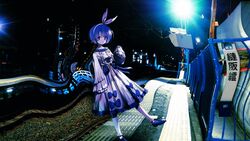  :o afternooners bad_id bad_twitter_id blue_eyes blue_hair bow distortion dress empty_eyes female fence frilled_dress frills hairbow headband highres kisaragi_station lens_flare looking_at_viewer mojibake_text night original outdoors pants photo_background railroad_tracks shoes short_hair sleeves_past_wrists solo standing standing_on_one_leg tactile_paving train_station unnamed_girl_(x0o0x) urban urban_legend white_pants 