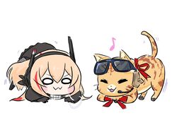  2girls :3 all_fours animal_ears black_jacket blonde_hair blush_stickers cat_ears cat_tail chibi chika_(keiin) closed_eyes closed_mouth commentary_request eyewear_on_head feline girls&#039;_frontline gloves hair_between_eyes hair_ornament headgear jack-o&#039;_challenge jacket kalinya long_hair long_sleeves m4_sopmod_ii_jr motion_lines multicolored_hair multiple_girls musical_note open_mouth red_hair red_ribbon ribbon simple_background smile streaked_hair sunglasses tail white_background 