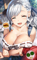  1boy absurdres arm_grab artist_name bangs banned_artist belko black_ribbon braid breast_press breasts cleavage closed_eyes collarbone crown_braid dated dating day eyebrows_visible_through_hair female girls&#039;_frontline grey_hair hair_ribbon highres large_breasts medium_hair menu_board open_mouth outdoors pov ribbon shirt sign smile spas-12_(girls&#039;_frontline) sweat swept_bangs white_shirt 