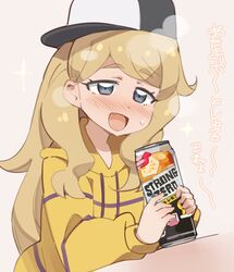  :d alcohol asuka_ruu baseball_cap blonde_hair blue_eyes blush can commentary drawstring female haiteku hat holding holding_can hood hood_down hoodie kiratto_pri_chan long_hair nose_blush oerba_yun_fang open_mouth pretty_series sexually_suggestive sideways_hat smile solo sparkle strong_zero sweat thick_eyebrows translated yellow_hoodie 