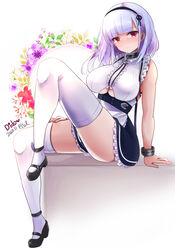  2020 anchor_choker apron azur_lane black_footwear black_hairband breasts center_frills character_name choker clothing_cutout dido_(azur_lane) female flower frilled_choker frills hairband hal_(harun) large_breasts long_hair looking_at_viewer purple_eyes shirt shoes sitting sleeveless sleeveless_shirt solo thighhighs underboob underboob_cutout waist_apron white_apron white_hair white_shirt white_thighhighs 