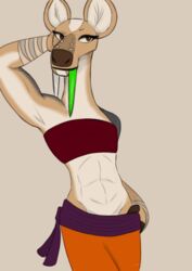  abs anthro belt bottomwear chest_wraps clothed clothing deer dreamworks female hand_in_pants jade_tusk kung_fu_panda looking_aside mammal midriff muscular muscular_anthro muscular_female pants solo thewugoddess tusks water_deer wraps wrist_wraps 