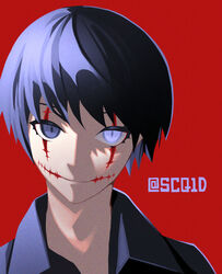  1boy backlighting bad_id bad_pixiv_id blue_eyes blue_hair closed_mouth film_grain glasgow_smile heterochromia highres male_focus original portrait red_background scar scar_across_eye scar_on_face simple_background slit_pupils smile solo tsuki-shigure twitter_username 