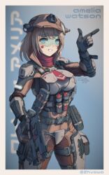  :d absurdres belt blonde_hair blue_eyes bob_cut breasts character_name commentary cosplay dated facial_mark female finger_gun gimp_(medium) goggles grapple_pilot_(titanfall_2) gun handgun helmet highres hololive hololive_english holster magazine_(weapon) medium_breasts medium_hair military military_operator necktie open_mouth pilot_(titanfall_2) pilot_(titanfall_2)_(cosplay) pouch red_necktie signature smile solo teeth thigh_strap titanfall_(series) trigger_discipline twitter_username virtual_youtuber watson_amelia weapon zhvo 