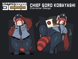  2021 ailurid anthro badge belt blush character_name clothed clothing dessert digital_media_(artwork) doughnut eating emanata english_text food fully_clothed fur goro_kobayashi hi_res joaoppereiraus male mammal markings model_sheet necktie nippon_3000_police_department overweight overweight_anthro overweight_male pastry police police_hat police_officer police_officer_eating_donut police_uniform red_body red_fur red_panda sitting small_eyes smile solo standing striped_markings striped_tail stripes tail tail_markings text uniform 