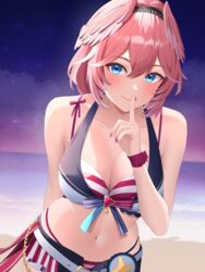  absurdres bare_shoulders blue_eyes blush breasts cleavage closed_mouth female finger_to_mouth hair_between_eyes head_wings highres hololive hololive_summer_2023_swimsuit index_finger_raised kuchitani large_breasts looking_at_viewer nail_polish navel pink_hair pink_nails short_hair smile solo swimsuit takane_lui virtual_youtuber wings 