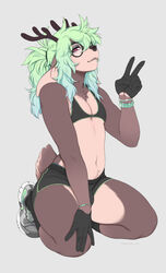  anthro antlers armband bottomwear bra brown_body brown_fur bulge clock clothing deer dolphin_shorts eyewear femboy footwear fur glasses gloves green_hair hair handwear hat headgear headwear hi_res horn hotpants jewelry kneeling looking_at_viewer male mammal moobs navel necklace nextel pink_eyes ponytail shoes shorts solo underwear watch 