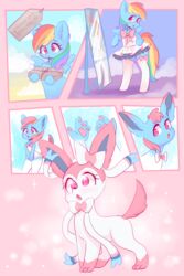  2021 2:3 anthro anthro_to_feral blue_body blush clothing dress eeveelution equid equine feathered_wings feathers female feral friendship_is_magic generation_6_pokemon hair hasbro hi_res holding_object legwear mammal mirror multicolored_hair my_little_pony mythological_creature mythological_equine mythology nintendo open_mouth pawpads pegasus pink_body pink_eyes pokemon pokemon_(species) quadruped rainbow_dash_(mlp) ribbons solo species_transformation standing stockings surprise sylveon transformation valeria_fills white_body wings 